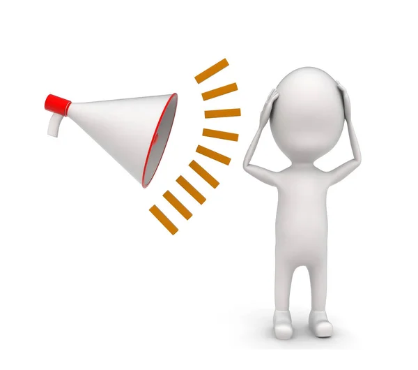 3D adam beyaz arkaplandaki hoparlör konseptinden gelen gürültülü bir ses ile baş ağrısı çekiyor - 3D görüntüleme, ön açı görünümü