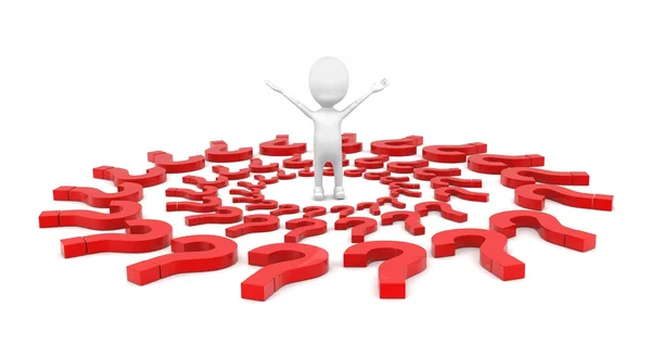 Beyaz arka planda soru işaretinin merkezindeki 3D adam - 3D görüntüleme, ön açı görünümü