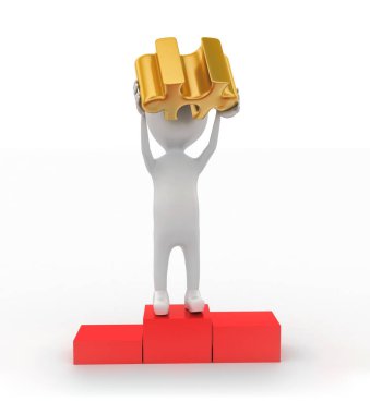 3D adam, podyum konsepti üzerinde dururken bulmacayı elinde tutuyor. 