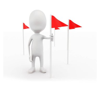 3D adam beyaz izole edilmiş arka plan, ön açı görünümlü kırmızı bayraklar sunuyor.