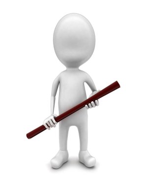 3D adam elinde yünlü bir çubuk tutuyordu. Beyaz izole bir arka plan. 3D görüntüleme, ön görüş.