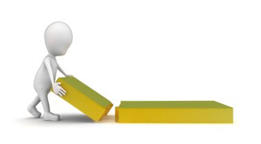 3D adam kırık bir dikdörtgen kutu konseptini tutuyor.