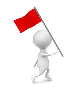 3D adam elinde kırmızı bayrakla koşuyor - 3D görüntüleme 