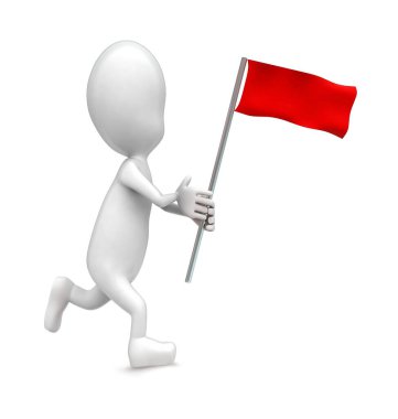 3D adam elinde kırmızı bayrakla koşuyor - 3D görüntüleme 