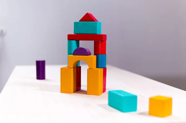Luminoso Colorato Giocattolo Blocchi Legno Mattoni Bambini Costruzione Torre Castello — Foto Stock