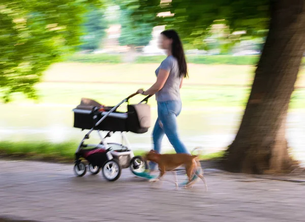 年轻的母亲带着小孩在婴儿车里走在街上 故意运动模糊 — 图库照片