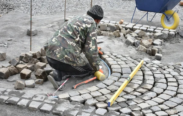 Worker Making Pavement Stone Blocks City — Stock Photo, Image