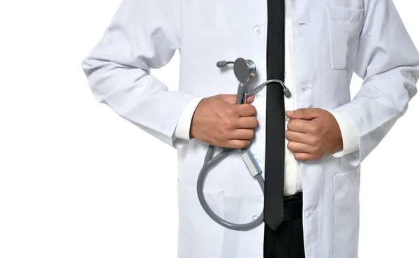 Arzt Mit Stethoskop Auf Weißem Hintergrund — Stockfoto