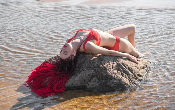 Beautiful Redhead Young Woman Red Transparent Swimsuit Posing Beach — Stock Photo, Image