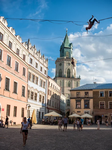 Lublin Polsko Července 2018 Umístěna Lano Chodci Festivalu Urban Highline — Stock fotografie