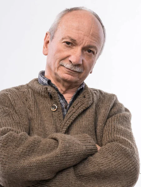 Portrait Thoughtful Senior Man White Background — Stock Photo, Image