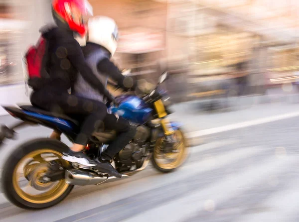 Bikers Riding Motorcycle Sunny Day Intentional Motion Blur Defocused Image — Stock Photo, Image