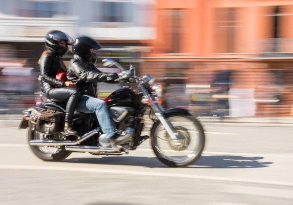 Bikers Riding Motorcycle Sunny Day Intentional Motion Blur Defocused Image — Stock Photo, Image