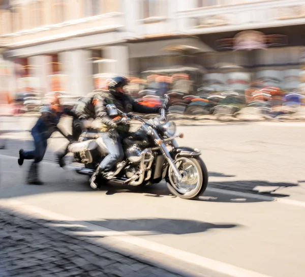 Bikers Riding Motorcycle Sunny Day Intentional Motion Blur Defocused Image — Stock Photo, Image