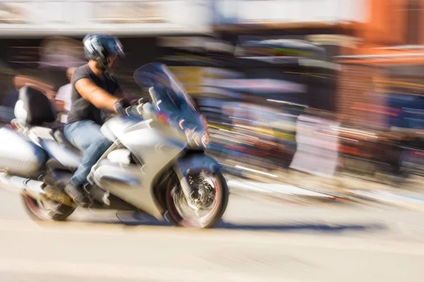 Biker Riding Motorcycle Sunny Day Intentional Motion Blur Defocused Image — Stock Photo, Image