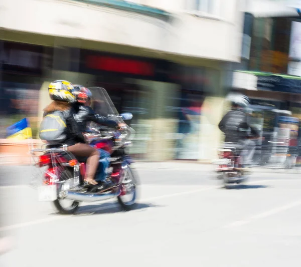 Bikers Riding Motorcycle Sunny Day Intentional Motion Blur Defocused Image — Stock Photo, Image