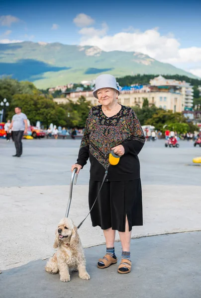 Alte Frau Posiert Mit Amerikanischem Spaniel Auf Der Straße — Stockfoto