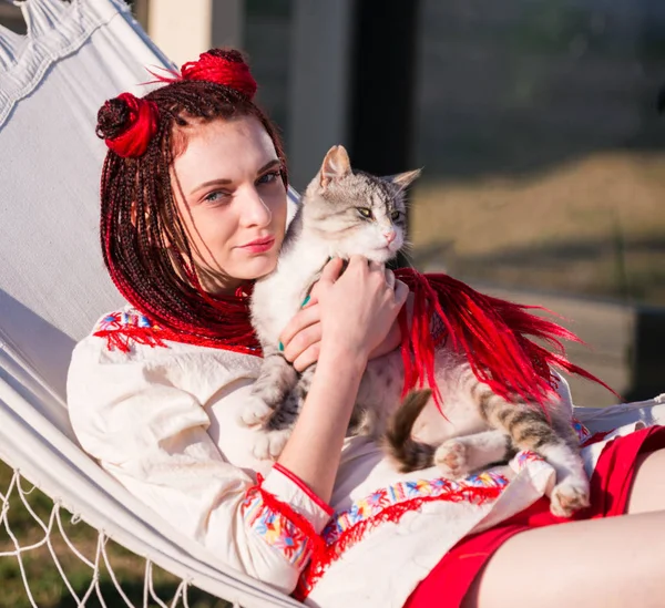 Young Happy Smiling Red Haired Girl Dressed Hippie Bohemian Style — Stock Photo, Image