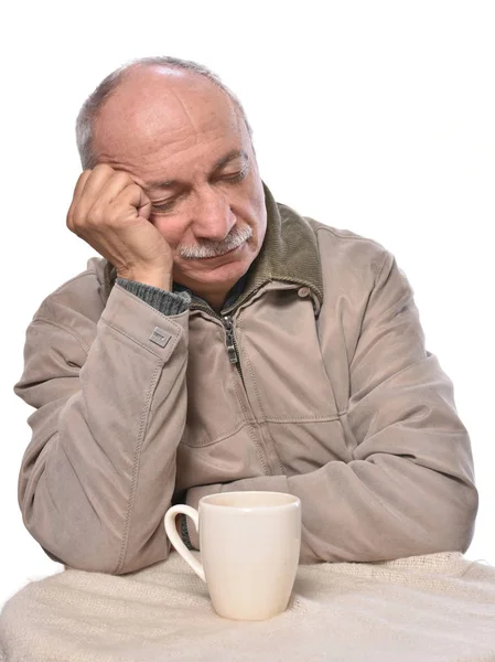 Portrait Senior Man Drinking Cup Coffee Tea White Background — Stock Photo, Image