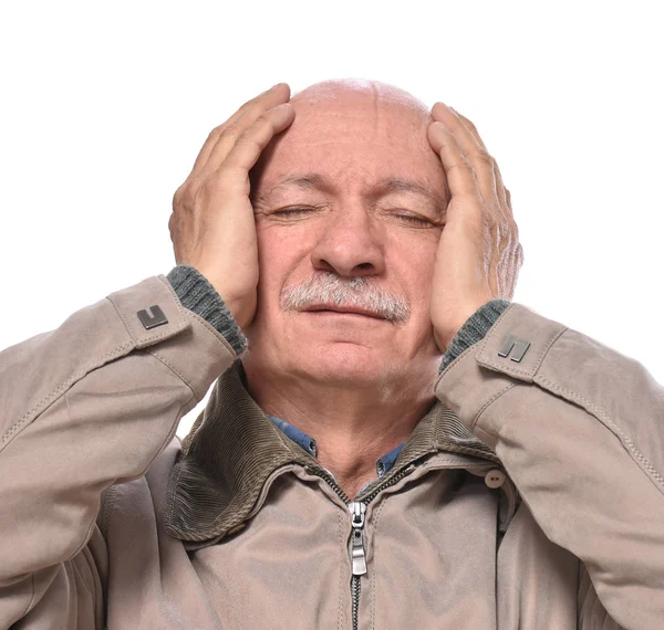 Anciano Que Sufre Dolor Cabeza Sobre Fondo Blanco — Foto de Stock