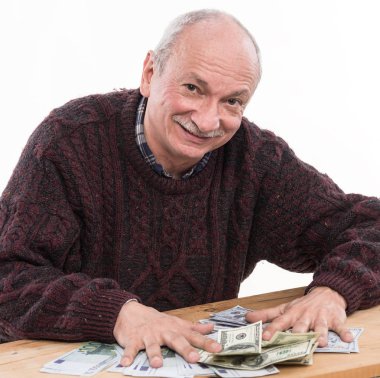 Komuta sizde dolar ve euro Bono üzerinde beyaz bir arka plan ile poz mutluluk ifade