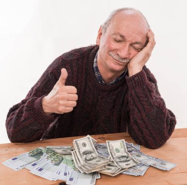 Komuta sizde dolar ve euro Bono üzerinde beyaz bir arka plan ile poz mutluluk ifade