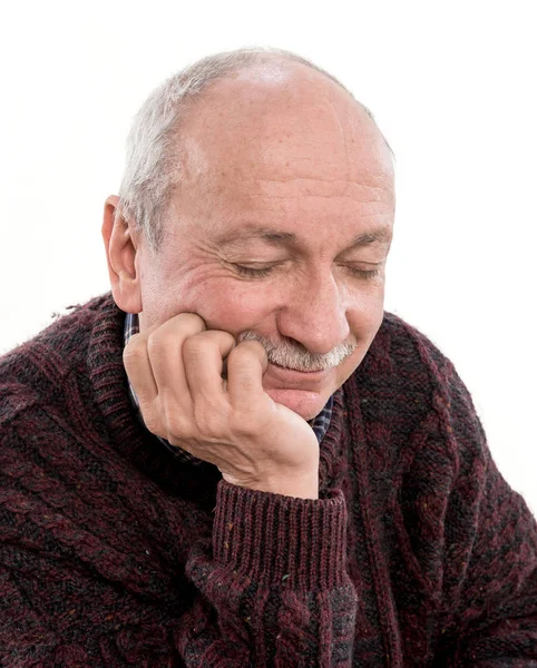 Portrait Senior Smiling Man Posing Closed Eyes White Background — Stock Photo, Image