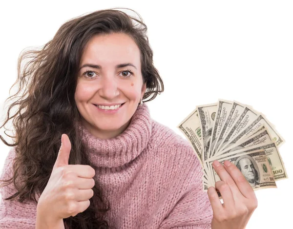 Kerstmis Verkoop Bancaire Concept Vrouw Poseren Met Ons Dollar Geld — Stockfoto