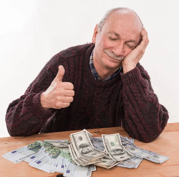 Senior Man Expressing Happiness While Posing Dollar Euro Bills White — Stock Photo, Image