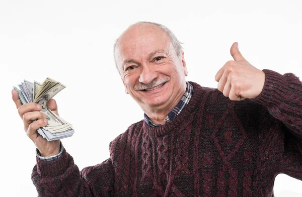 Hombre Mayor Expresando Felicidad Mientras Posa Con Billetes Dólar Euro — Foto de Stock