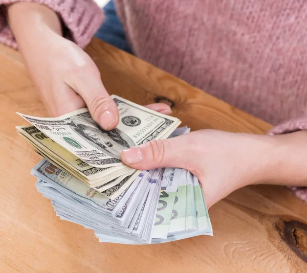 Business Finance Banking Concept Close Woman Hands Holding Dollar Euro — Stock Photo, Image