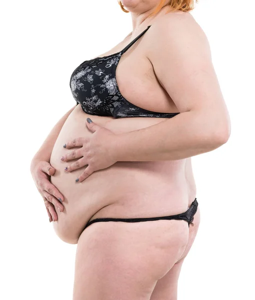 医疗保健 医疗和超重的概念 闭合的妇女与脂肪腹部 超重的女性胃 腹部上的妊娠纹 大肚子是溃疡病的一个特征 — 图库照片