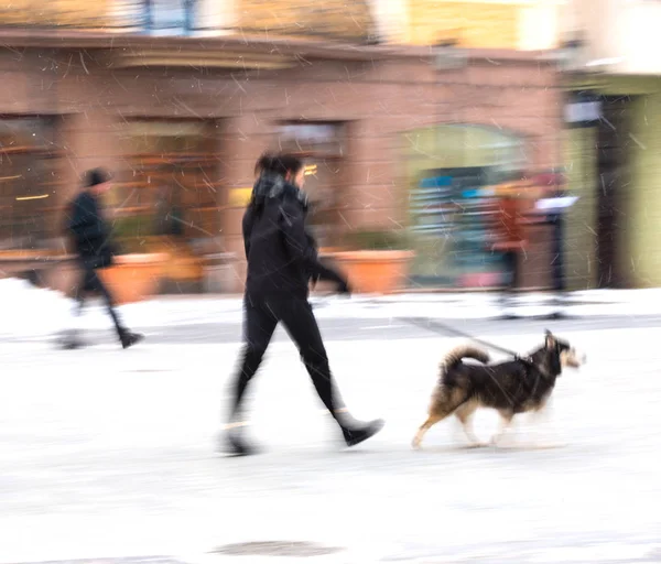 Man Wandelen Met Hond Straat Besneeuwde Winterdag Opzettelijke Bewegingsonscherpte — Stockfoto