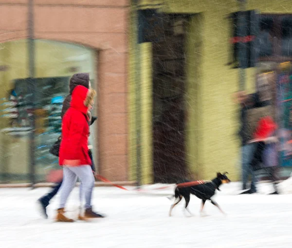 Man Wandelen Met Hond Straat Besneeuwde Winterdag Opzettelijke Bewegingsonscherpte — Stockfoto