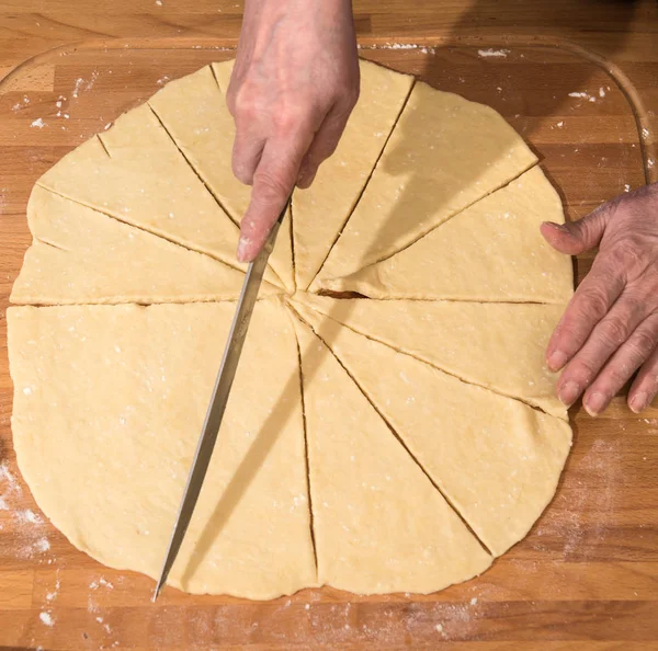 Woman Cutting Dough Knife Triangles Further Baking — Stock Photo, Image