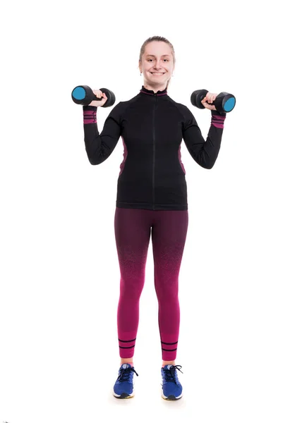 Sports Healthcare Concept Smiling Teen Girl Sportswear Working Out Dumbbells — Stock Photo, Image