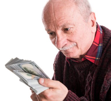 Bir yığın para tutan kıdemli adam. Heyecanlı bir eski portre 