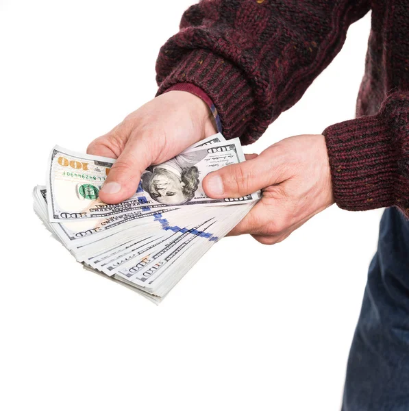 Man Holding Pack van dollar biljetten — Stockfoto