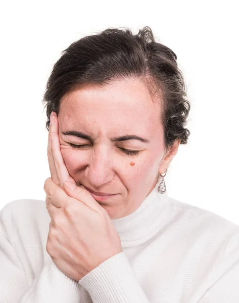 Gezondheidszorg, stress en hoofdpijn concept. Gestresste vrouw touchi — Stockfoto