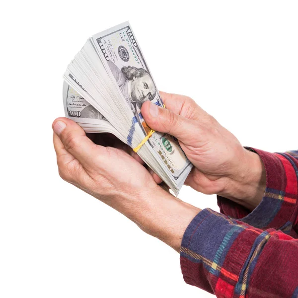 Man holding pack of dollar bills — Stock Photo, Image