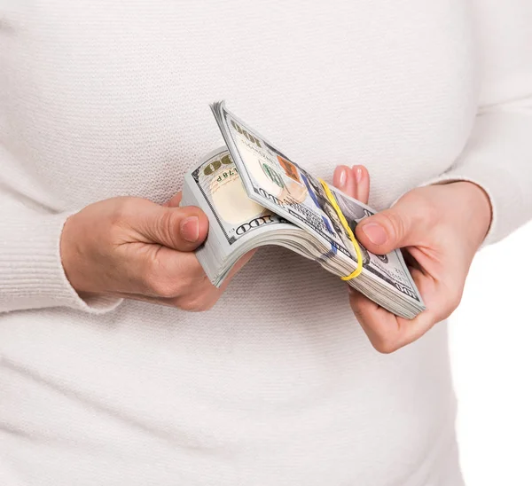 Money, finances, investment and saving concept. Woman  with pack — Stock Photo, Image