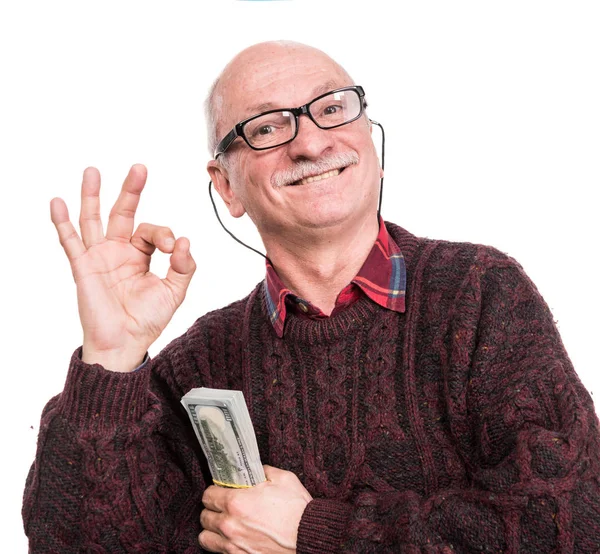 Senior Mann mit einem Stapel Geld. Porträt eines aufgeregten Alten — Stockfoto