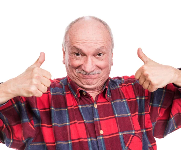 Successful elderly man shows ok sign over white background — Stock Photo, Image