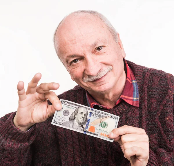 Vrchní muž, který drží hromadu peněz. Portrét vzrušeného starého — Stock fotografie