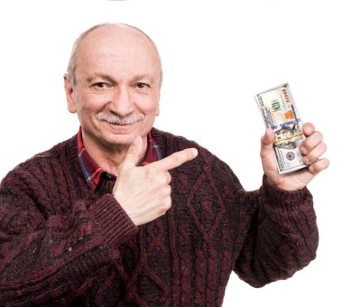 Bir yığın para tutan kıdemli adam. Heyecanlı bir eski portre 
