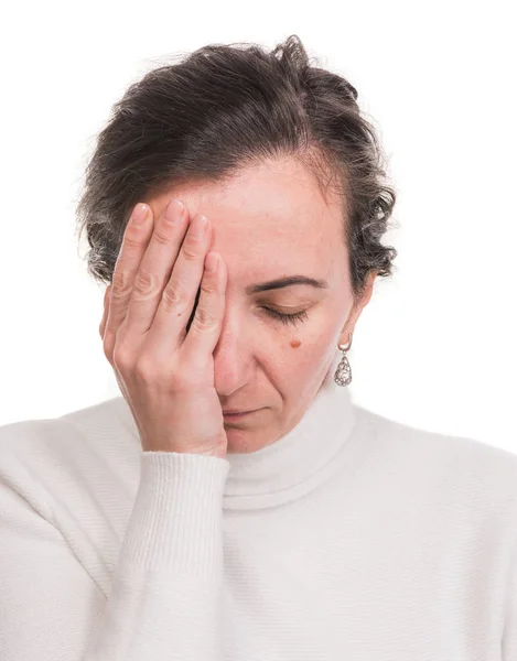 Salud, estrés y dolor de cabeza. Mujer estresada touchin —  Fotos de Stock