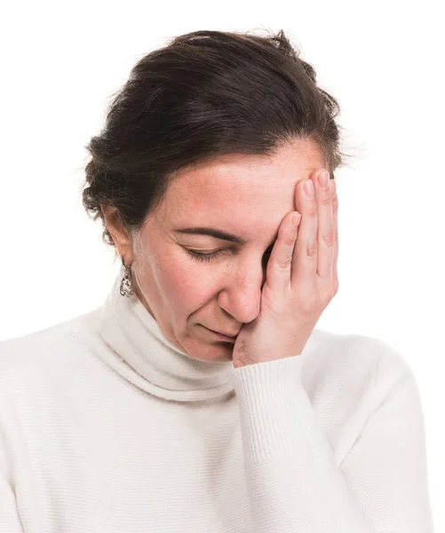 Salud, estrés y dolor de cabeza. Mujer estresada touchin —  Fotos de Stock
