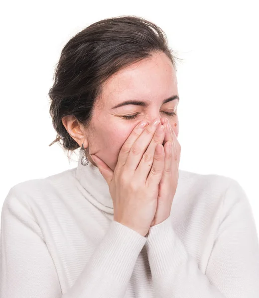 Gezondheidszorg, stress en hoofdpijn concept. Gestresste vrouw Touchin — Stockfoto