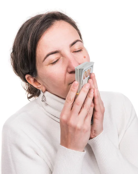 Geld, Finanzen, Investitions- und Sparkonzept. brünette Frau w — Stockfoto