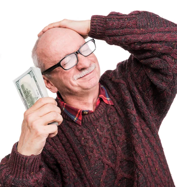 Um senhor com uma pilha de dinheiro. Retrato de um velho excitado — Fotografia de Stock